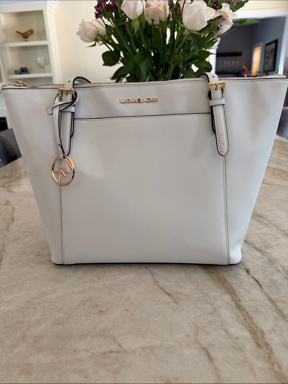 Michael Kors White Saffiano Leather Tote with Gold Hardware